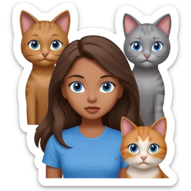 a pretty bratz dusky girl with long brown hair, blue eyes with six cats nd wearing a grey tshirt sticker