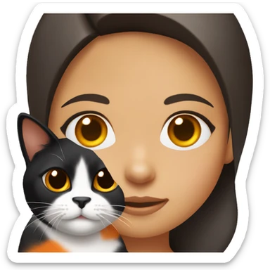 Brunette girl with brown eyes, holding a tricolor  black white and orange cat. Cat hairs are black in one side of its face and orange in the other side of its face. sticker
