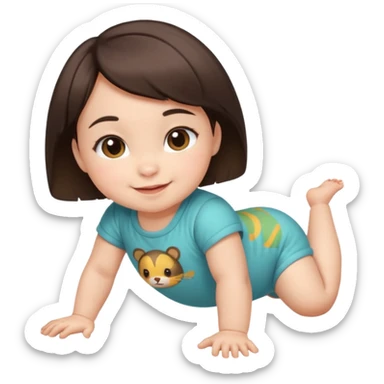 short brunette hair baby crawling on the floor with cute animal symbol clothes sticker