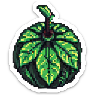 Green digital bomb with leaf-shaped fuse at the top, round black bomb body with green accents, pixel art style sticker