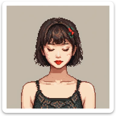 A young Asian woman with short, dark brown hair with bangs, neutral facial expression, closed eyes, vibrant red lips, light beige skin tone, close-up portrait, plain white background, cartoon-like and stylized, bright and saturated colors, even and flat lighting, neutral atmosphere, pixel art style. sticker