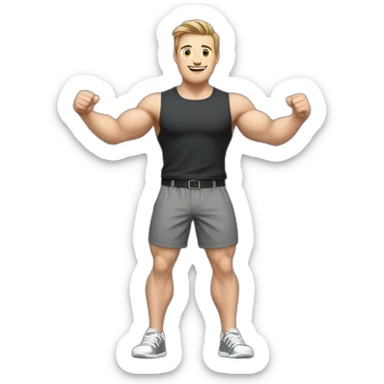 To belt Actively gesturing with hands Pale skinned Fit Man With the biceps and light brown hair in dark gray Sleeveless Mike, black oversize sports shorts and white Sneakers sticker