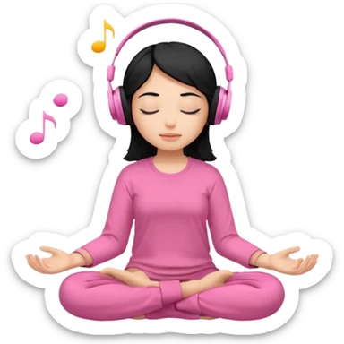 Chica de pelo negros con los ojos cerrados escuchando musica en audifonos y con camisa rosa mientras medita sticker