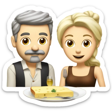 Repas raclette et deux verres de vin blanc en couple 50 ans, femme blonde cheveux aux-dessus des épaules homme petite barbe et moustache grisonnantes et cheveux bruns grisonnant  sticker