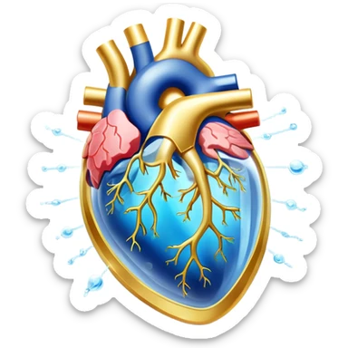 Ethereal omega-3 capsule with flowing golden energy connecting to a shimmering brain (cognition), heart (cardiovascular health), joint (anti-inflammatory), and eye (vision). Each connection glows with healing light, all suspended in a dreamlike blue atmosphere. sticker