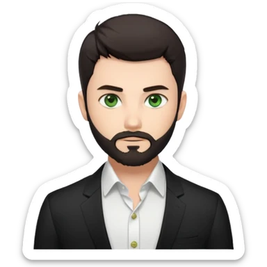 Man with a short full beard, Styled hair, Best looking man in the planet, onepiece style dark hair, green eyes, more anime style more maskulin. Wearing a white formal shirt, first buttons open macho style sticker