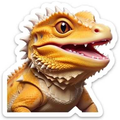 Cinematic Cute Yawning Bearded Dragon Portrait Emoji, Head tilted slightly with a dramatic, wide-open yawn, showcasing a soft, textured scaled hide with its spiky beard partially drooped and eyes barely open in drowsy contentment, Simplified yet irresistibly adorable features, highly detailed, glowing with a soft, cozy glow, high shine, relaxed yet expressive, stylized with a touch of reptilian whimsy, bright and endearing, soft glowing outline, capturing the essence of a sleepy yet affectionate dragon, so drowsy it feels like it could stretch out of the screen and curl up for a nap! sticker