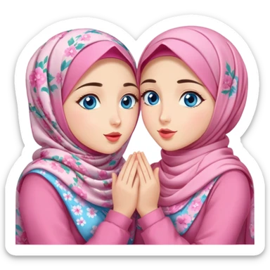 Two best friends Turkish girls beautiful finish Konya blue eyes with pink floral hijab and dress and Scattering kisses outside  sticker