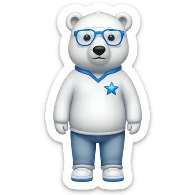 friendly anthropomorphised polar bear standing upright, looking chilled and unbothered, wearing a shirt, jeans, trainers, star-shaped glasses sticker