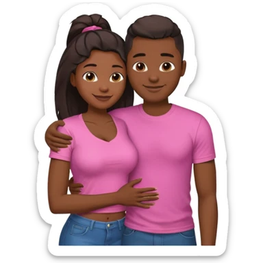 Black lesbian couple with one dark skin masculine with short hair low cut fade with a t shirt with breasts and one feminine with very long hair in a pink blouse hugging  sticker