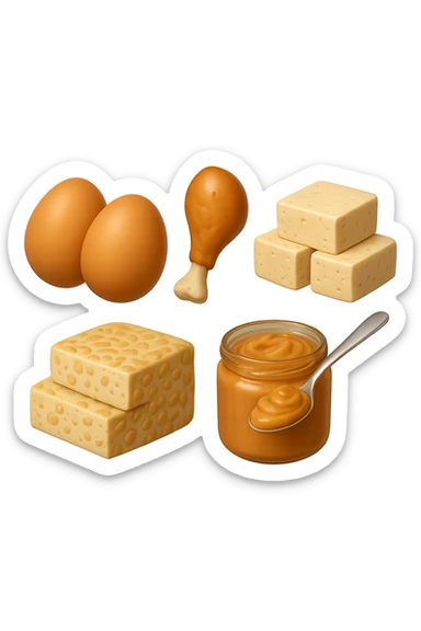 EMOJI STILE IPHONE DI
 uova, pollo, tofu, tempeh, burro di arachidi
, fluttuano in aria REALISTICA 4K sticker