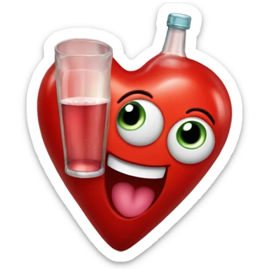 A red heart ❤️ with eyes, a mouth, and hands, tipsy and drunk, holding a bottle, looking wobbly and playful sticker