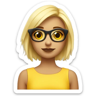 Chica rubia con el pelo corto, morenita de cara, con gafas amarillas finas, delgada y muy ris sticker