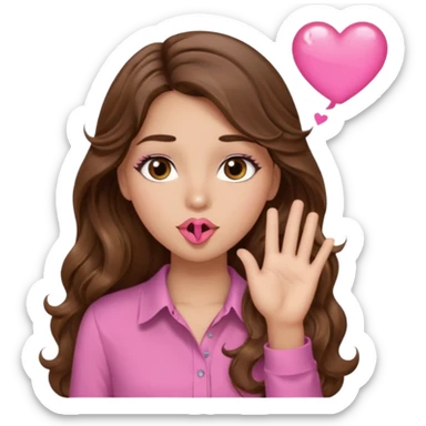 girl with long wavy brown hair, brown eyes, light to medium complexion, in a pink shirt, long lashes, blowing a kiss sticker