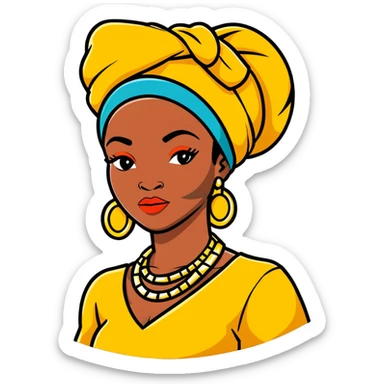 Fashionable African woman with designer clothes, stylish headwrap, statement jewelry and confident pose sticker