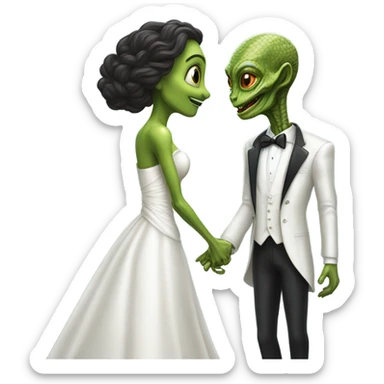 Alien reprilian woman in wedding dress and one man in a tuxedo holding hands getting married sticker