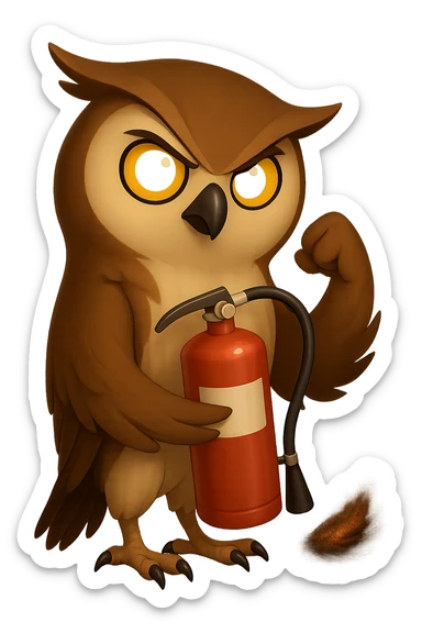 Точно такая же картинка и поза, только в другом крыле сова держит огнетушитель, хвост совы слегка подгорел и от него идет дымок, прозрачный sticker
