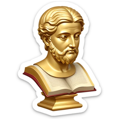 An icon featuring a classical bust, a book of philosophy, symbolizing the study of philosophy. The design includes an abstract symbol of thought and reasoning, representing deep intellectual inquiry and exploration of ideas. Transparent background sticker