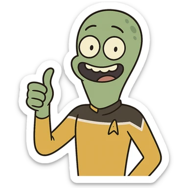 cheerful alien giving thumbs up in a crew uniform, flat toon cartoon style sticker