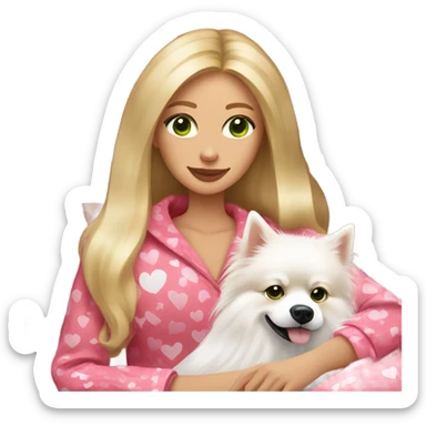 Woman, long length blonder hair, give her pretty green colored eyes, wearing red and pink hearts design on pajamas, lounging on a cozy couch with white fluffy pomeranian dog sticker