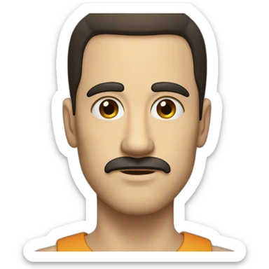 person with a small, thin mustache, dark hair combed to the side, prominent eyebrows, brown eyes, a large nose, a square chin, a pale complexion, and a serious expression sticker