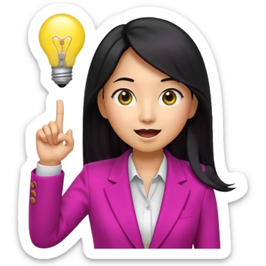 Cute 3D emoji of a Korean woman in a magenta blazer, long black hair and big brown eyes, with a light bulb above her head, excited expression, finger pointing up, solid lemon yellow background. sticker