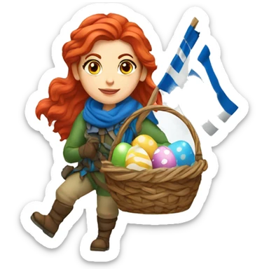 Greek Female winter mountaineer red hair white skin climbing with Greek Flag and Easter eggs basket sticker