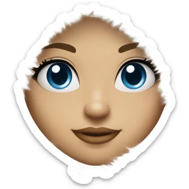 Tanned Girl with lashes and blue eyes, blonde hair, in a extremely big fluffy oversized white fur coat with hood on. The fur is real and it’s very obvious big and fluffy  sticker