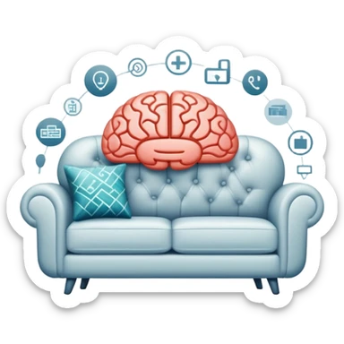 An icon featuring a brain, a couch, and a psychological test, symbolizing the study of psychology. The design includes abstract patterns representing the mind, with a calm, therapeutic setting in the background. Transparent background highlights the exploration of human behavior and mental health. sticker