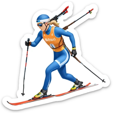 An icon featuring a biathlete in motion, holding a rifle and skiing across a snowy course. The backdrop includes snow-covered trees, distant mountains, and a clear blue sky. Transparent background highlights the precision, endurance, and excitement of biathlon. sticker