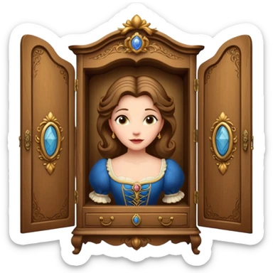 A middle-aged lady character from the fairy tale Beauty and the Beast — she was turned into a wardrobe by magic. She retains the wardrobe's original form, with an anthropomorphic face on the front of the closed cabinet. sticker