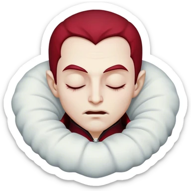 Meme-Worthy Cute Sleeping Vampire Portrait Emoji, with a refined, small, pale face softened by closed, serene eyes and a slight, peaceful smile, adorned in miniature elegant dark attire with a hint of fading crimson, simplified yet irresistibly adorable, highly detailed with a soft ethereal outline that captures the drowsy charm of a vampire in quiet nighttime slumber! sticker