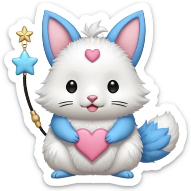 GENERATE ME A MOMONGA WHITE ANIMAL  FROM CHIIKAWA AND PUT A SAKURA FLOWER ON HIS HEAD AND A STAR PELT ON HIS BELLY AND A HEART PURSE ON HIS ARM WITH HIS FACE MAKE HIS TOUNGE STICK OUT WITH A LITTLEPINCH OFDROOL AND MAKE HIM ANIME STYLED ART GIVE HIM A BIG BLUE FLUFFY TAIL JUST TAIL sticker