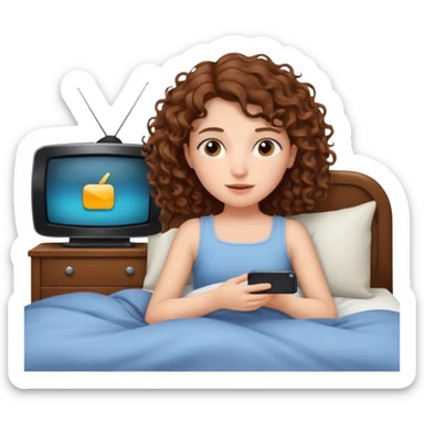 Draw a girl with shoulder-length curly hair, lying in bed watching TV, but make her look at the TV. sticker
