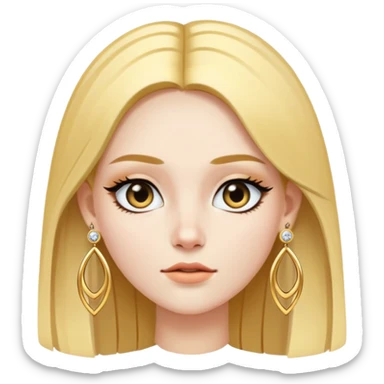 A white skinned girl with a three-dimensional face shape from Europe and America has long, straight golden center part hair Upperhung eyeliner and two earrings sticker