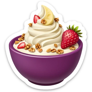 acai purple soft serve in a bowl strawberries and granola and chopped banana sticker