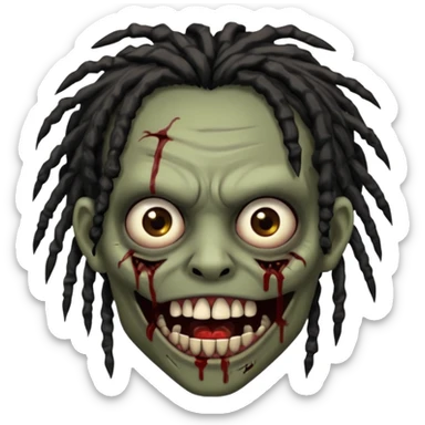 zombie with brown skin, messy black dreads hair, wide centered brown eyes, dark bloody marks under the eyes, and a slightly open mouth showing crooked teeth grillz, giving a distressed, undead look. sticker