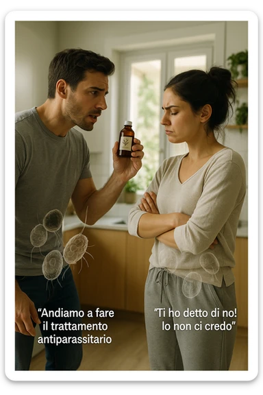 A highly realistic, cinematic photo of a young couple in their early 30s having an argument in a bright modern kitchen. The man, athletic build, wearing a casual T-shirt and jeans, is speaking firmly with a raised hand holding a small amber glass bottle labeled with a subtle herbal symbol, saying 'Andiamo a fare il trattamento antiparassitario' with a determined expression. The woman, with long dark hair tied in a messy bun, casual home outfit, crosses her arms with an angry, defensive expression, replying 'Ti ho detto di no! Io non ci credo!' while slightly turning away. Tension is visible in their body language, with the man leaning forward trying to explain and the woman leaning back, her eyebrows furrowed. Around them, subtle ghostly overlays of microscopic parasites are faintly visible near their abdominal areas, symbolizing the hidden reason for the argument. The kitchen is bright and modern with plants and natural light, contrasting the emotional tension. The style is hyperrealistic with warm tones and shallow depth of field focusing on their facial expressions, illustrating the conflict between belief in natural treatments and skepticism within the couple regarding hidden parasitic infections. in italiano sticker