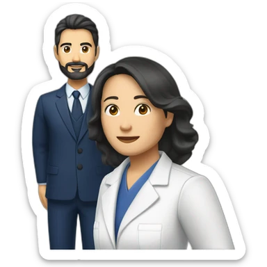 husband middle aged executive classic dark hair thin beard wearing dark blue business suit and bible, with wife filipina nurse age 55 dark hair sticker