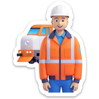 Emoji of Keith Morey, Network Rail staff, smiling in orange hi-vis jacket and white hard hat, with a train in the background sticker