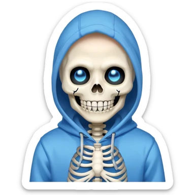 Sans from Undertale with glowing blue eye, skeleton with permanent grin, wearing blue hoodie sticker