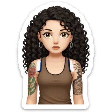 a pretty bratz fair girl with black long curly hair in a brown tank top with tattoos sticker