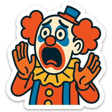 character screaming in fear, extremely terrified, clown face sticker