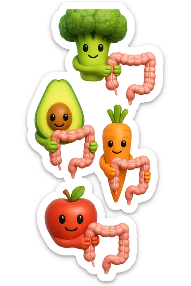 cibo sano fluttua in aria verticalmente stringendo piccoli colon umani, stile emoji iphone, iperrealistico 4k sticker