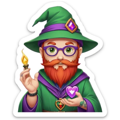 Cartoon DevOps wizard with red beard, no glasses, "I ❤️ YAML" shirt, purple hat, casting green magic. Grafana logo tattoos around eyes. GitOps patch on sleeve. Sticker style with clean outline, transparent background. sticker