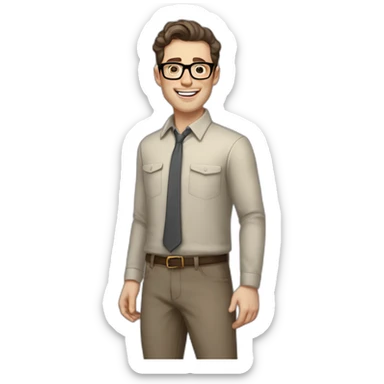 Joyful Full height Pale skinned Fit Man With dark brown hair in gray jacket, beige office shirt, Brown pants and vintage glasses. His thrumbs up sticker