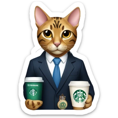 Bengal cat wearing a suit with a Merrill lynch employees badge holding a Starbucks coffee with its hands in a heart sticker