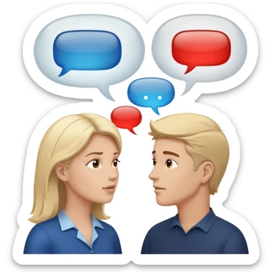 a person chatting up another person, one white male, one white woman facing each other talking with speech bubbles above their head sticker