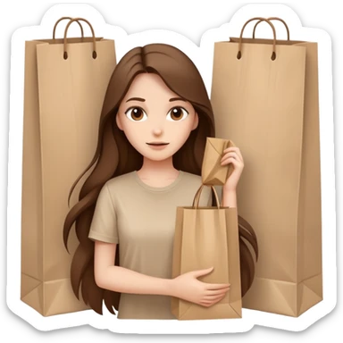 Beautiful Shopping girl long hair paper bags beige shirt sticker