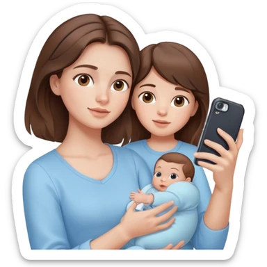 brunette girl with brown hair wearing pastel blue clothes holding a baby and taking a selfie sticker
